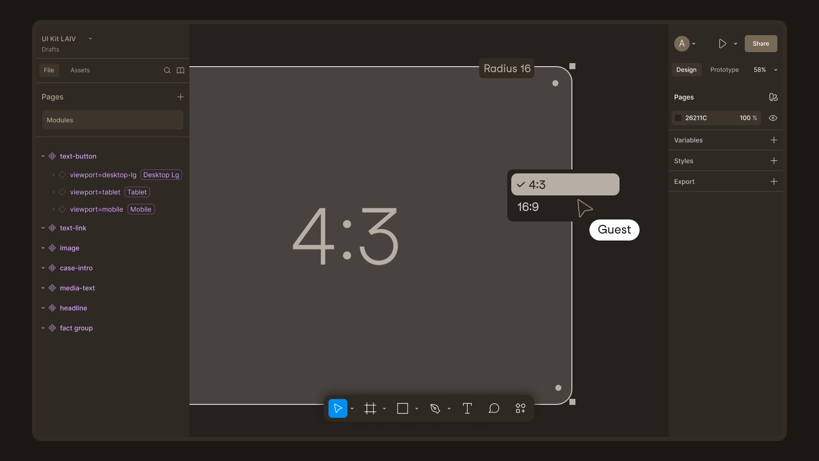 Figma interface with the module list on the left. On the canvas, an image placeholder with a radius of 16 is selected; the dropdown menu offers the aspect ratios 4:3 and 16:9.