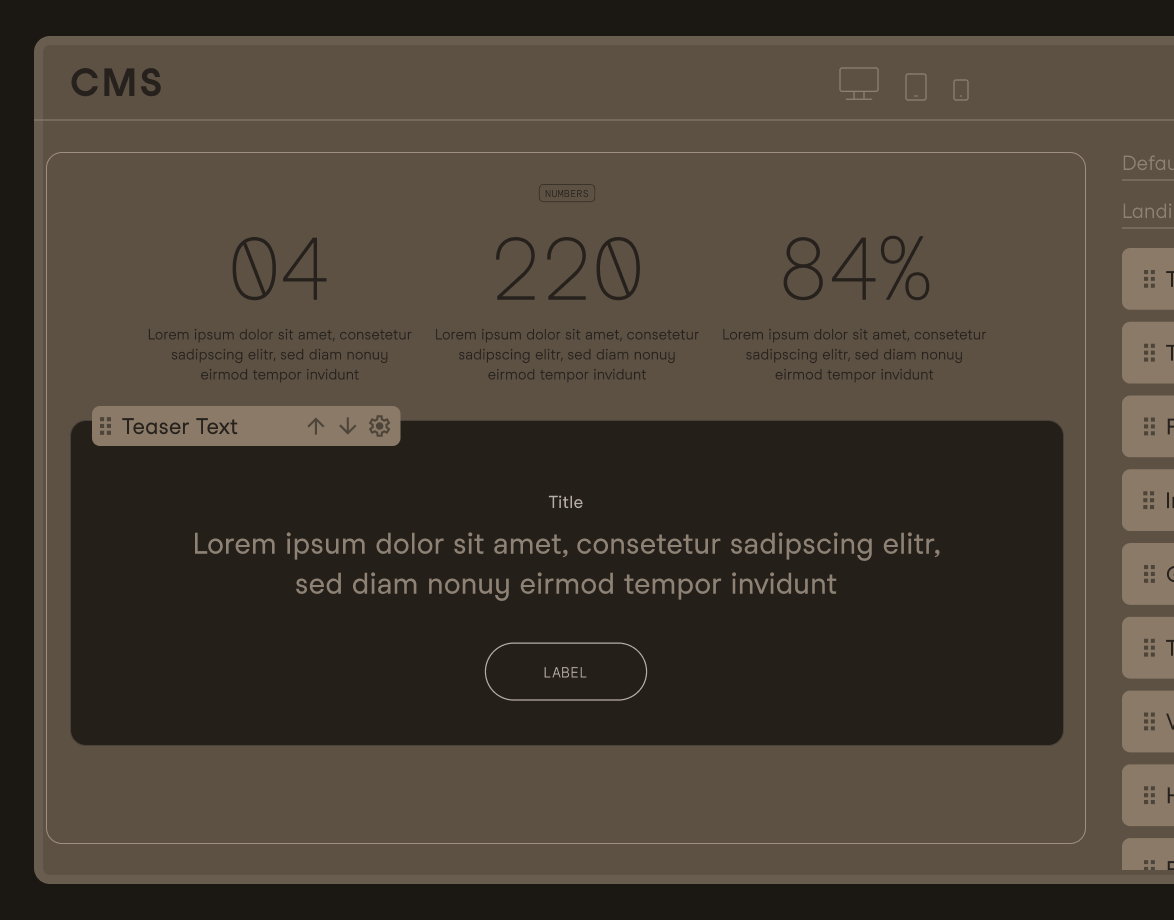 An inserted “Teaser Text” module with its corresponding configuration options.