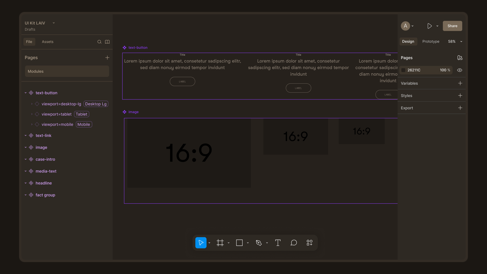 Figma “Modules” page featuring two selected modules: “text-button” with a title, body text, and a button in three widths, and “image” with placeholder images in 16:9 aspect ratio in three sizes.